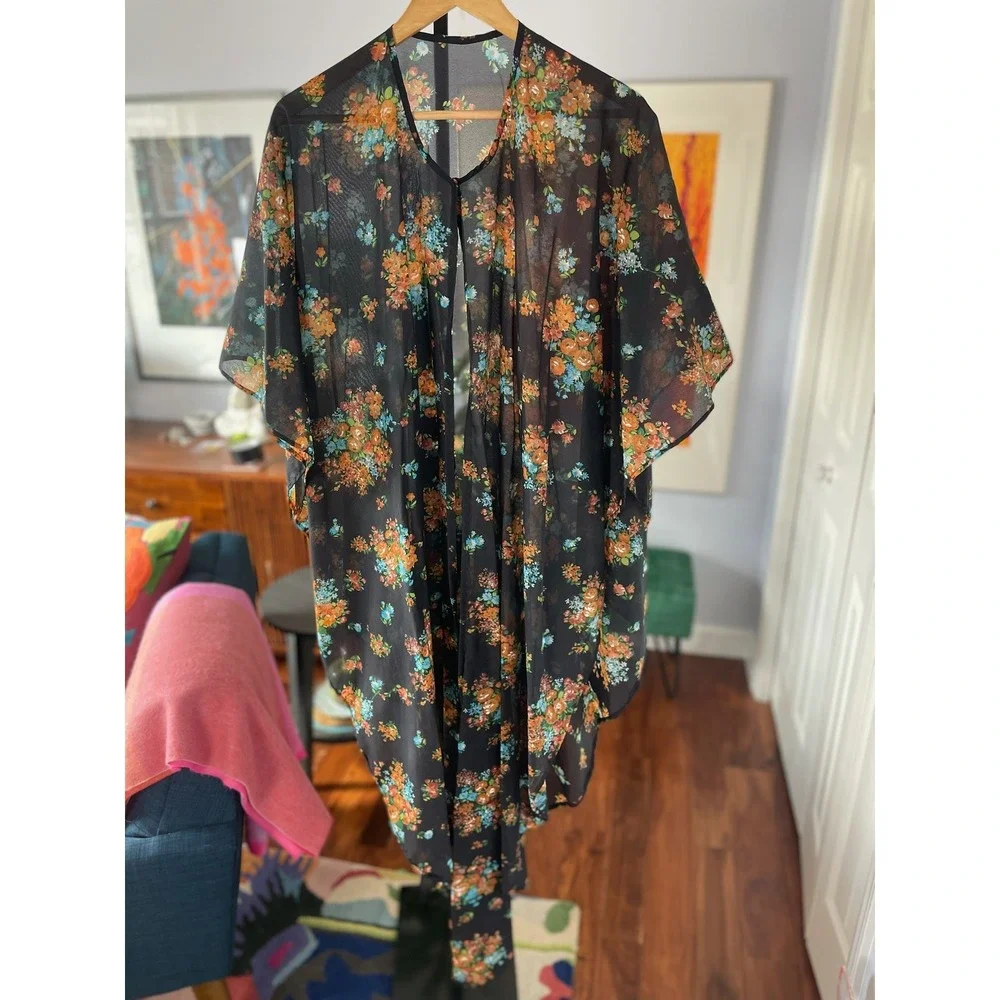 Floral Kimono Duster Sheer Lightweight Cover Up Bohemian Beach Black